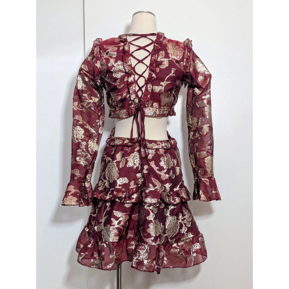 Altar'd State Mollee GG143 Burgundy Gold Metallic Floral Mini Dress Medium - Picture 5 of 15